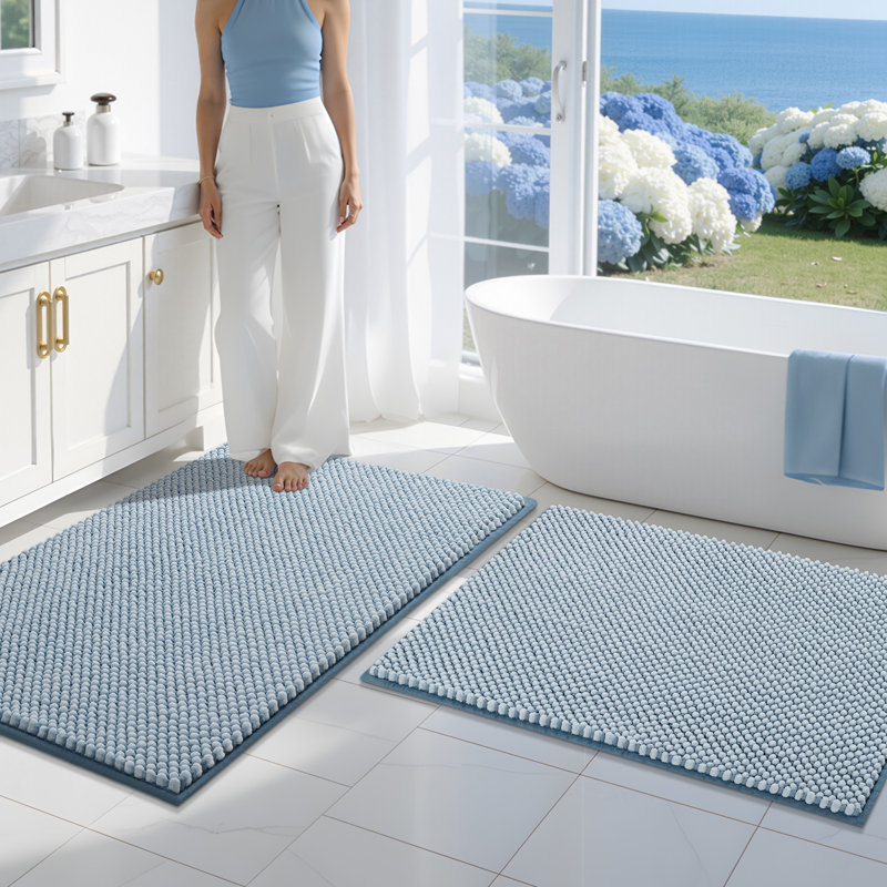 Thick Soft Absorbent Non Slip Boho Bath Mats, 24*36+20*32, Light Blue