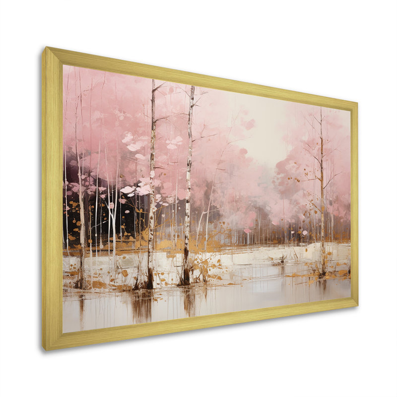«Minimalisme rose et forêt dorée I», art sur toile, Cadre doré simple, H 24 po x l 32 po x P 1 po