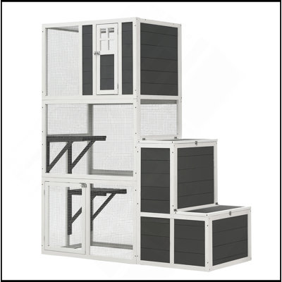 3-Tier Wooden Outdoor & Indoor Cat House Suitable For 1-3 Cats Cat Enclosure Resting Box With 4 Platforms And 2 Doors Cat Shelter Kitty House With A Jump Box For Hiding And Resting Cat Cage 71"H-Gray