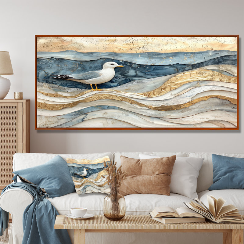 Marbre moderne sur la plage - art mural toile, H 28 po x l 60 po, Reproduction avec cadre flottant, Brun
