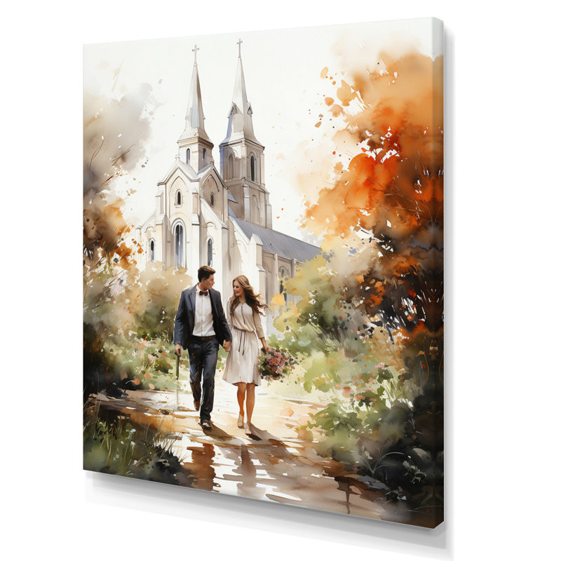 Couple in Love, chapelle de mariage, aquarelle rustique - reproduction sur toile, H 32 po x l 24 po x P 1 po, Toile tendue