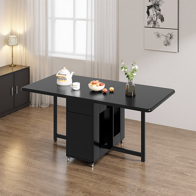 Folding Dining Table and 4 Chairs Set, 130CM/150CM Solid Wood Black Finish with Casters, Integrated Storage Fast Dispatch From UK Warehouse – Dispatched Within 2 Days
