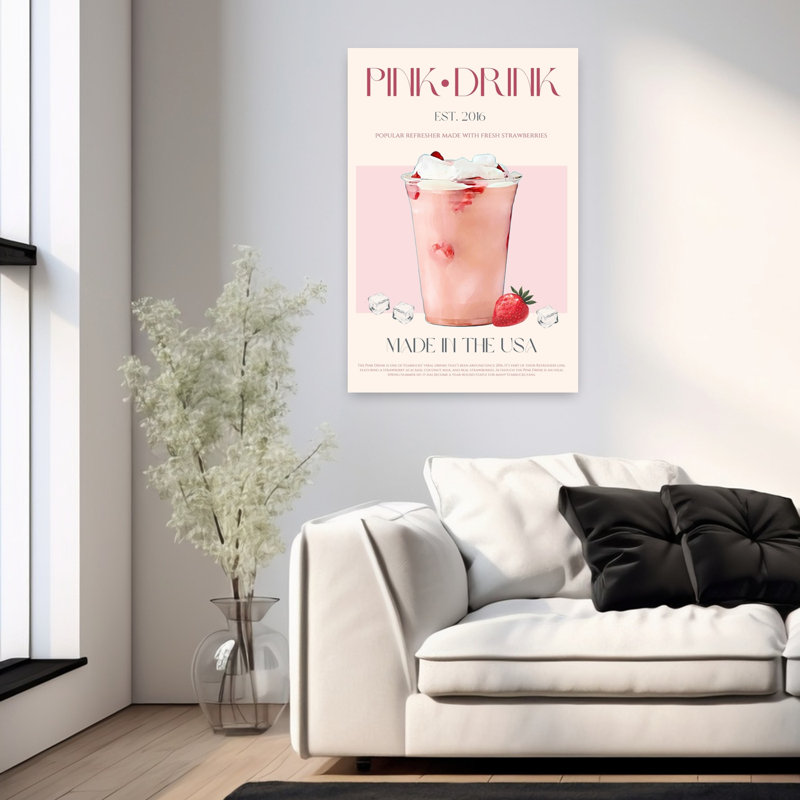 Art mural contemporain rose avec fraise rose, H 36 po x l 24 po