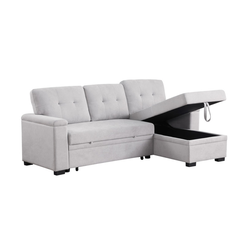 Lucca II 84.5"W Light Gray Woven Fabric Reversible Sleeper Sectional Sofa With Storage Chaise, Light Gray Fabric