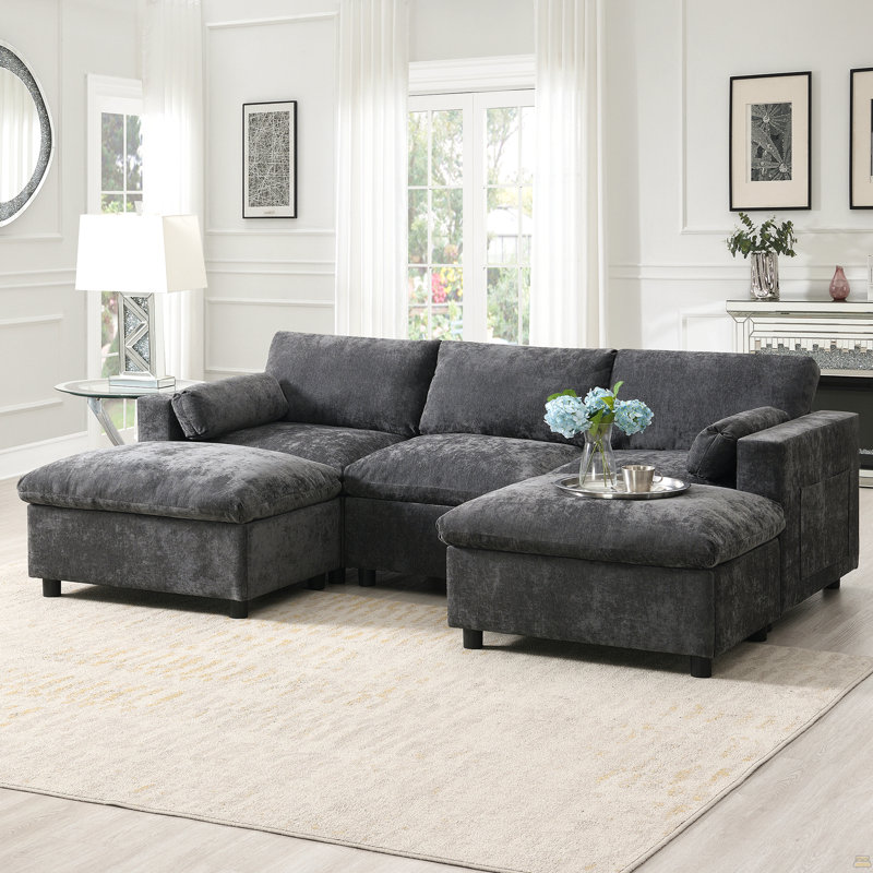 Canapé modulaire de 84,5 po avec poches de rangement, ensemble de canapé en chenille en forme de U à 5 sièges avec coussins, canapé à combinaison libre avec repose-pieds mobile