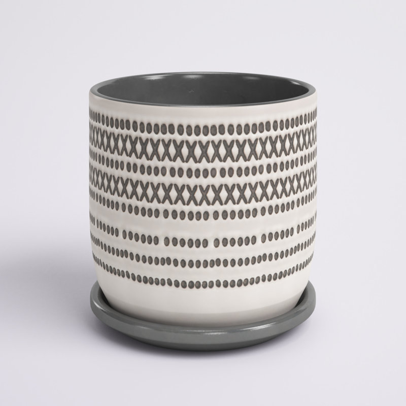Ceramic and Cream Planter with Saucer Featuring Aztec Design, 6" H x 6" W x 6" D, Gray