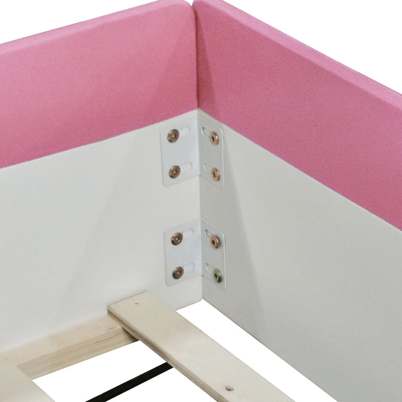 Très grand cadre de lit de jour rembourré avec clôture et escalier (rose et blanc), Très grand lit, Pink+White