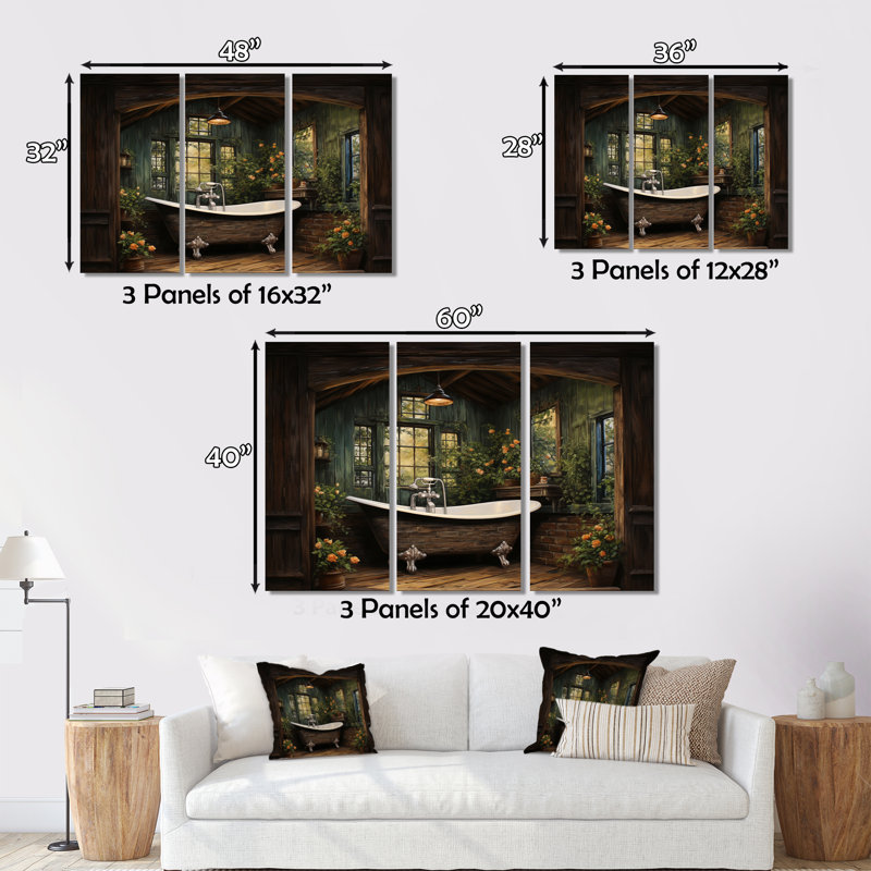 «Bathroom Rustic Woodland Retreat II», reproduction sur toile 3 pièces, H 28 po x l 36 po x P 1 po