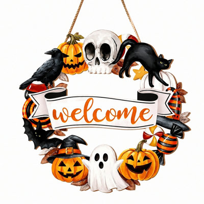 11.8 Inch Halloween Welcome Wooden Wreath Door Hanger, Ghost Skull Black Cat Crow Pumpkin Round Wood Sign for Front Porch Farmhouse Halloween Decor