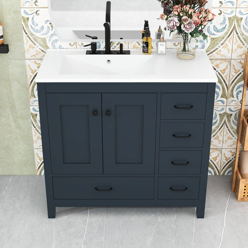 Meuble-lavabo simple autoportant moderne en bois avec grand rangement et lavabo en céramique, Bleu