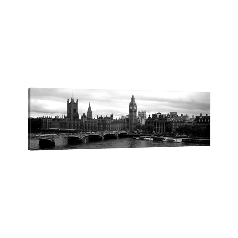Bridge Across A River, Westminster Bridge, Big Ben, Houses Of Parliament, City Of Westminster, London, England by Panoramic Images - Wrapped Canvas Panoramic Print