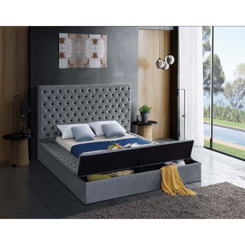 Lit plateforme tapissier avec rangement Johnnay, Très grand, Velours gris
