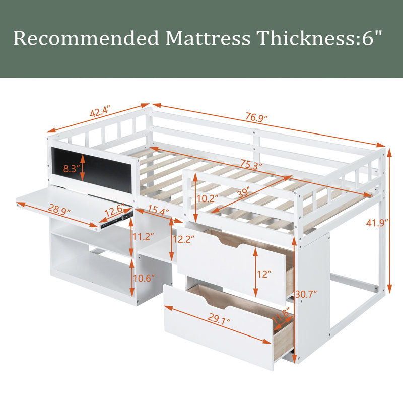 Guillerma Kids Twin Loft Bed with Drawers, White
