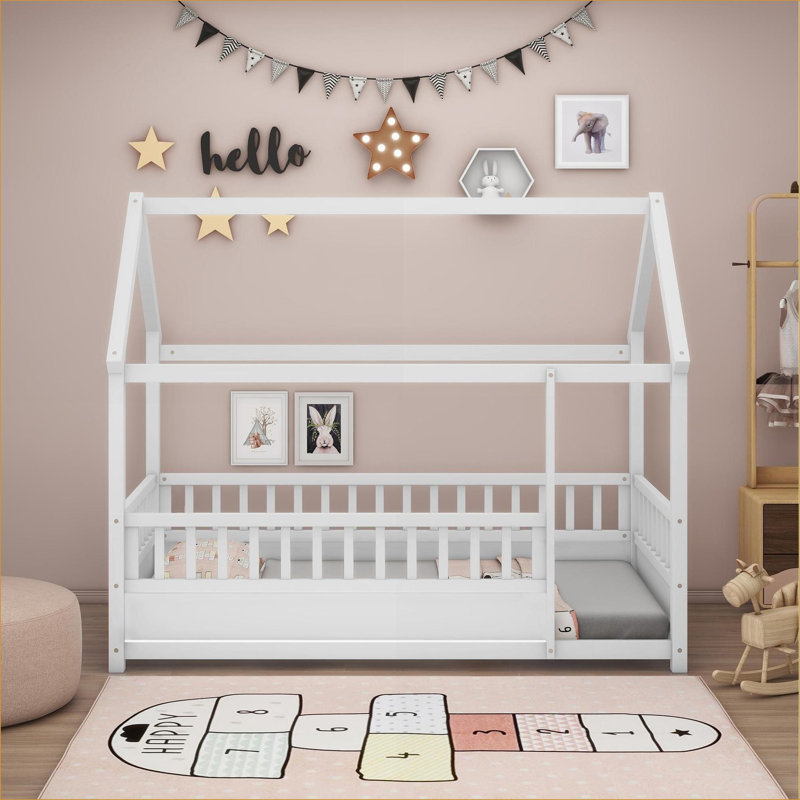 Lit plateforme simple en bois de pin massif avec cadre de toit et barrière de sécurité, aucun sommier requis, blanc pour la chambre à coucher