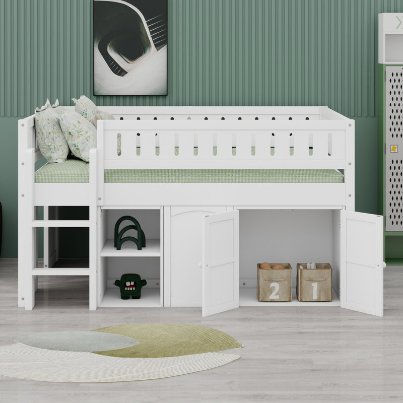 Lit mezzanine moderne avec tableau noir et armoire de rangement, Blanc