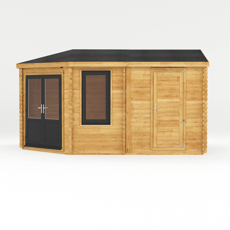 16ft x 10ft Corner Lodge Plus Log Cabin With Side Shed UPVC Windows & Doors (44mm), Grey/Natural Timber