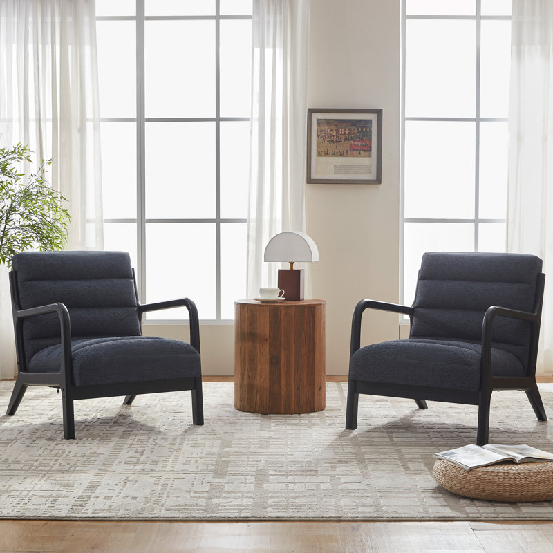 25.6" Wide Mid Century Upholstered Armchair Solid Wood Accent Chair (Set Of 2), Blue