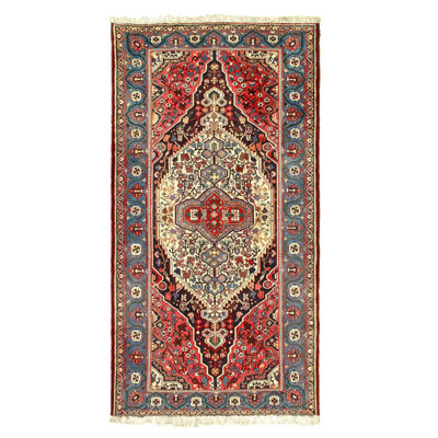 Tapis de couloir en laine / coton noué à la main à motif géométrique / oriental de 5 pi x 10 pi Xeniah en ivoire / rouge / bleu marine