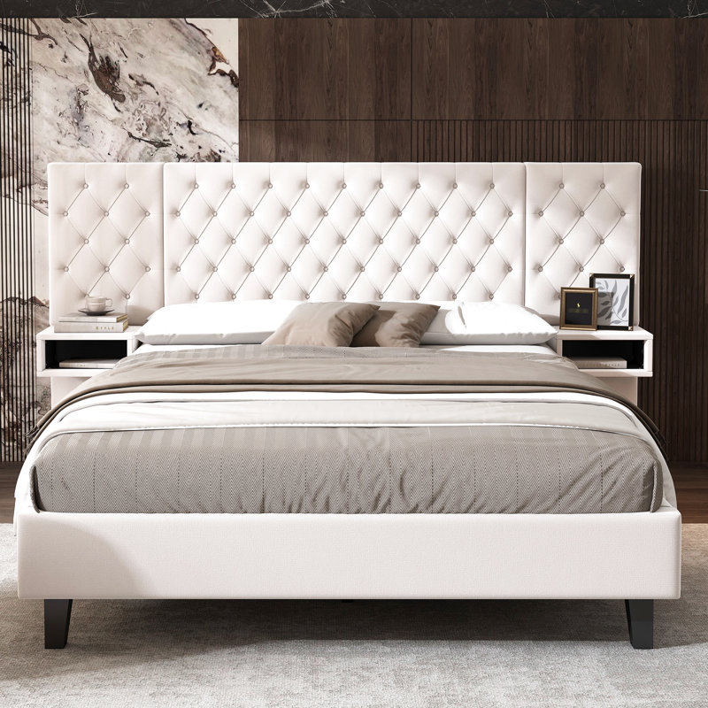 Lit plateforme tapissier grand en velours avec tête de lit, 2 tables de chevet, beige, sans sommier, option d'assemblage rapide Technique simple et moderne