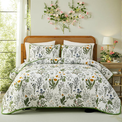 Ensemble de courtepointe 100% coton Ensemble de couvre-lit léger à motif floral rétro vert très grand 3 pièces matelassé réversible ultra doux pour toutes les saisons, respirant et exquis