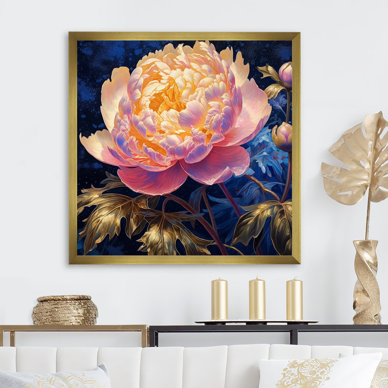 Décoration murale pivoines roses avec feuilles dorées - pivoines_105704, H 24 po x l 24 po x P 1 po, Encadrement doré