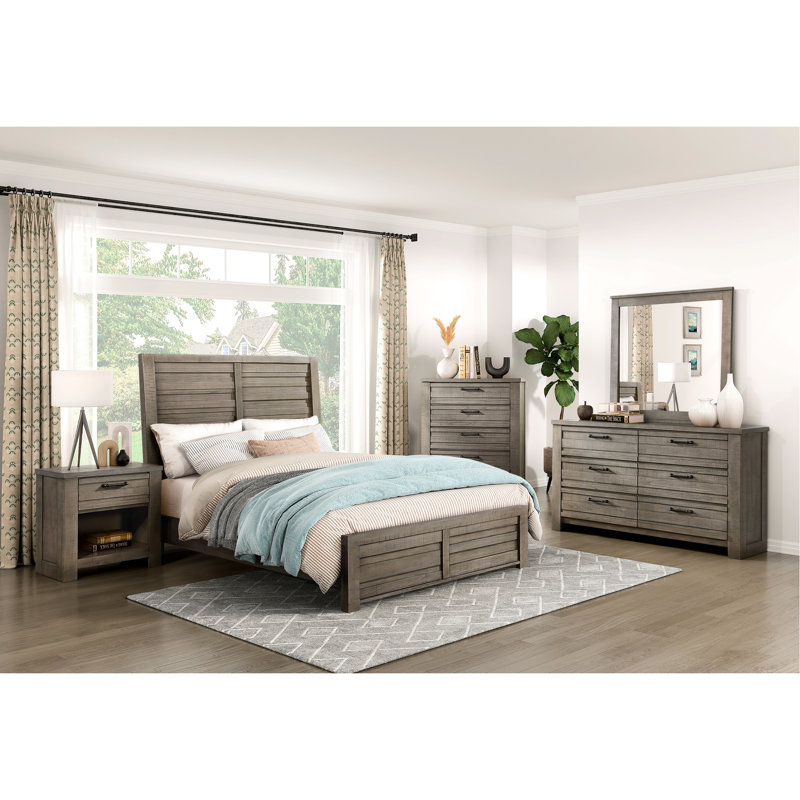Lit double à panneau de style rustique gris, meubles de chambre à coucher en bois et meubles à profil bas: Rails