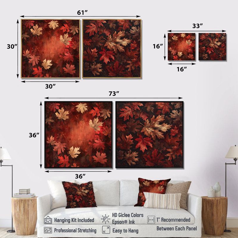 «Red Falling Maple Leaves I» - décoration murale feuilles - art mural traditionnel 2 pièces, H 16 po x l 33 po, Blanc