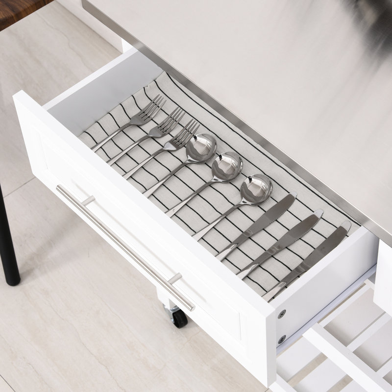 3 Kitchen Island, Stainless Steel Countertop, Rustic Style With Drawers And Shelves, Grey, Space Saving Island Drawers, Surface White Pine Style, Storage Solution
