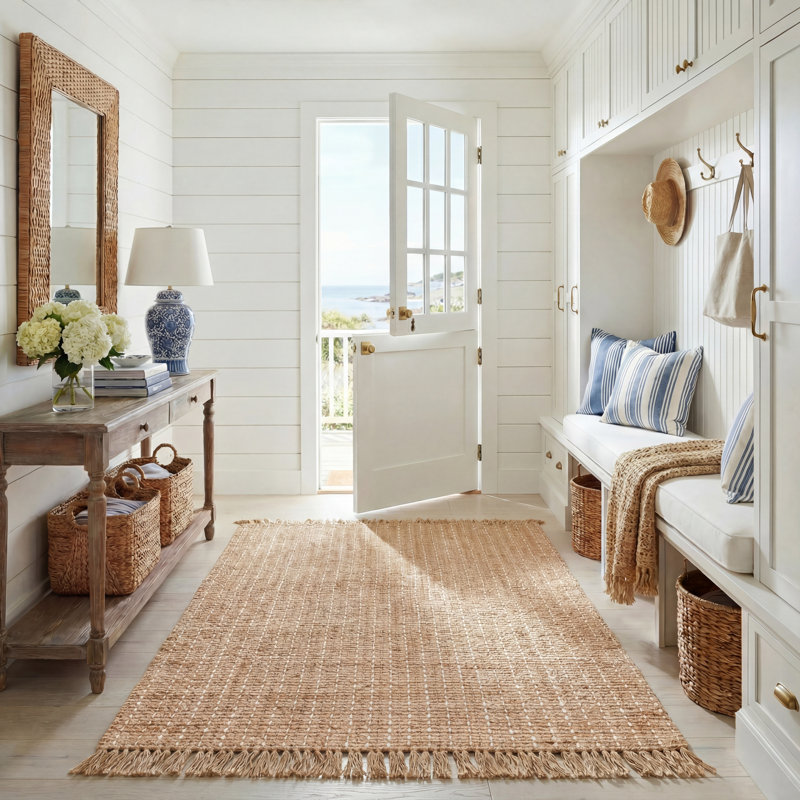 Tapis beige / brun en jute tissé à plat de couleur unie Kiann, Carré 6 pi