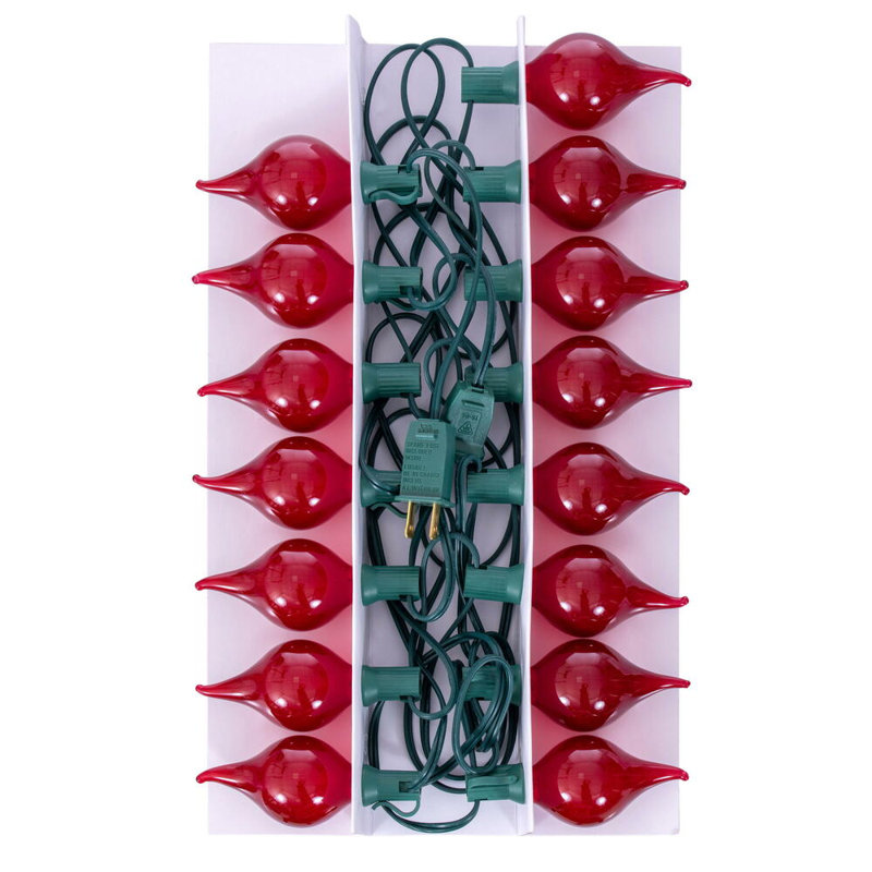 15 lights x 15' LED G45 Glass Flame Tip light set. 12" spacing on green wire., Red