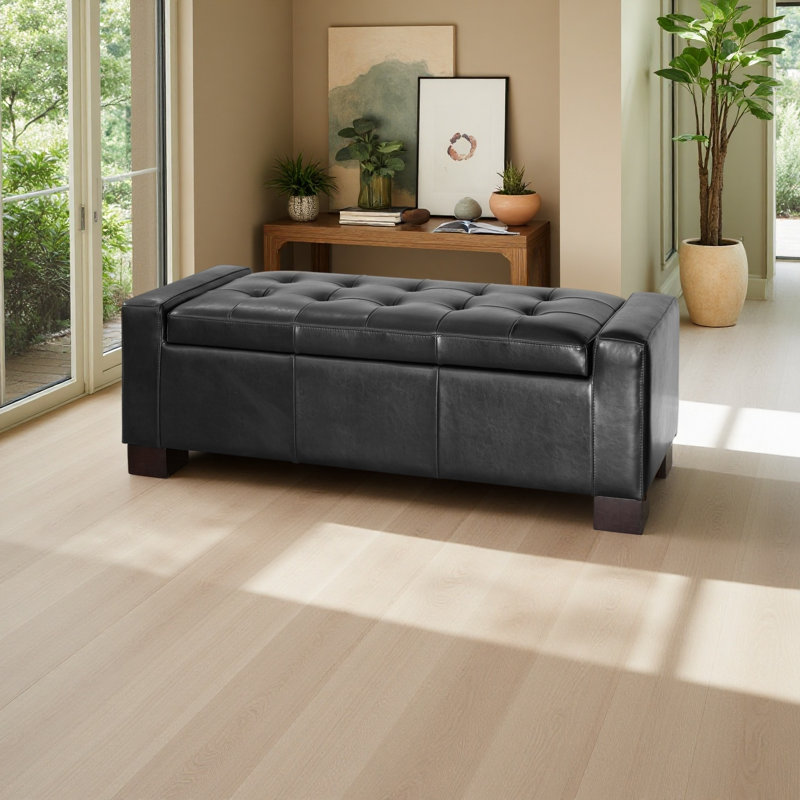 Grand repose-pieds de 51 po avec banc de rangement capitonné pour le salon, Noir