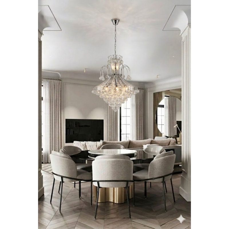Lustre en chrome 15 lumières avec cristaux transparents suspendus