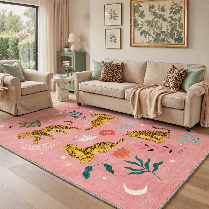 Abraham Spottedia Animal Print Machine Washable Pink / Yellow Indoor Area Rug with Non-Slip Backing, Rectangle 9' x 12'