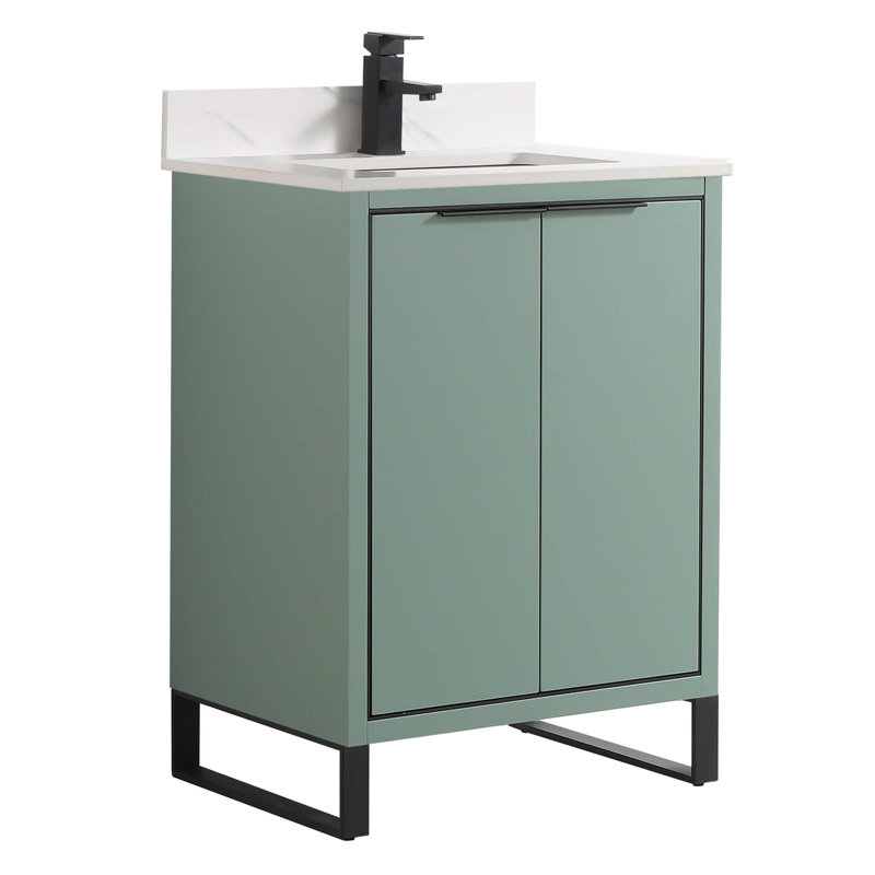 Minday 24'' Single Bathroom Vanity with Stone Top, Matte Black, Mint Green