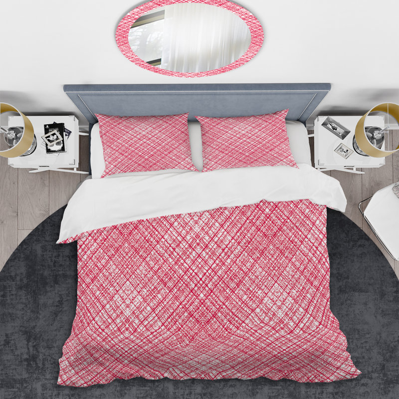 Ensemble de housse de couette à rayures grunge rose et blanc - Microfibre polyester