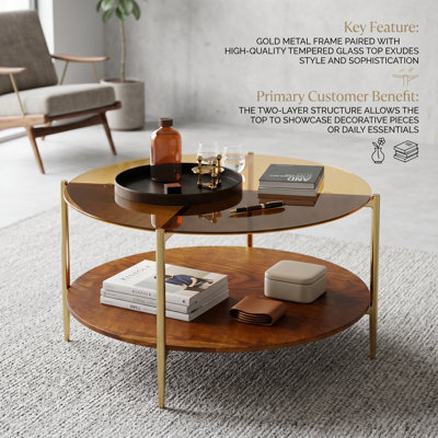 Table basse Mid-Century moderne avec plateau en verre, tablette de rangement inférieure en bois, structure en métal robuste, conception peu encombrante, rangement double couche, convient aux appartements compacts, aux grands salons