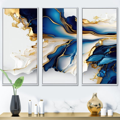 Géode abstraite dorée et bleue forme de marbre III - impression moderne sur toile 3 pièces