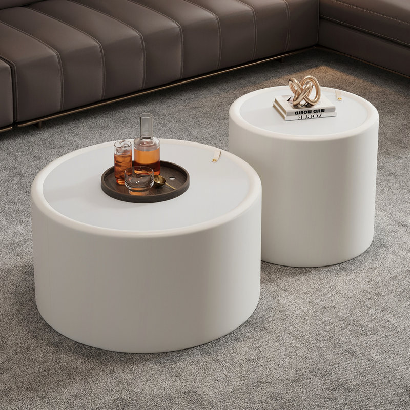 Table basse ronde avec plateau en verre trempé et rangement caché, H 17,72 po x l 19,69 po x P 19,69 po, Cream White