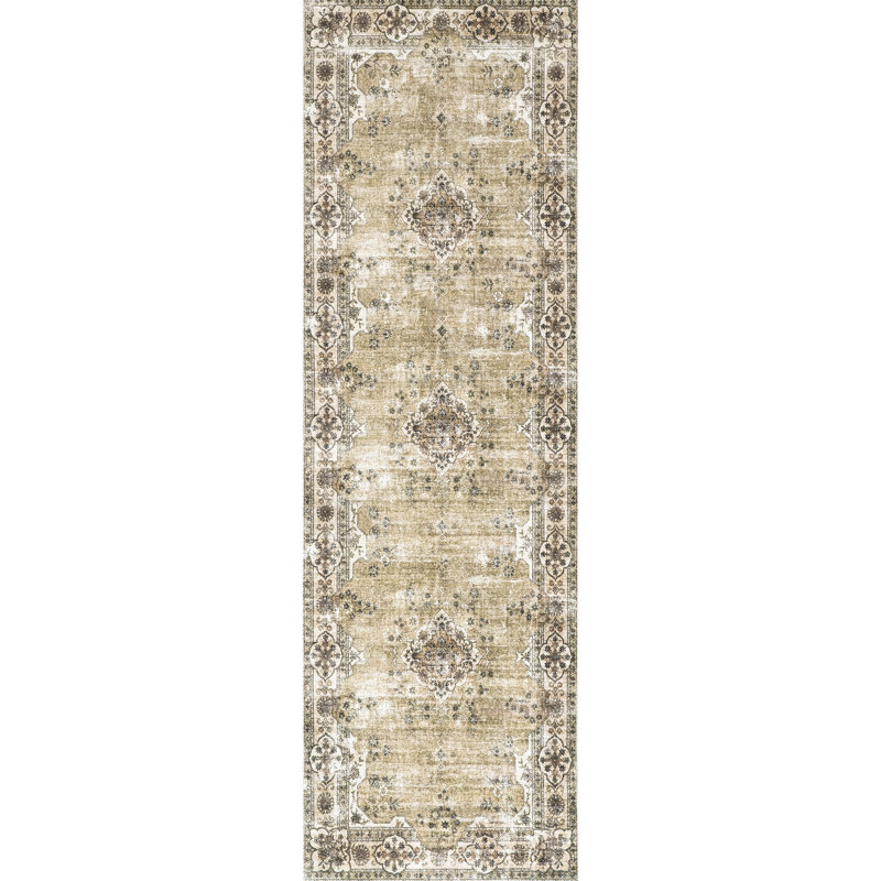 Paisley SpinClean Machine Washable Faded Floral Border Medallion Area Rug, Runner 2' 6" x 8'