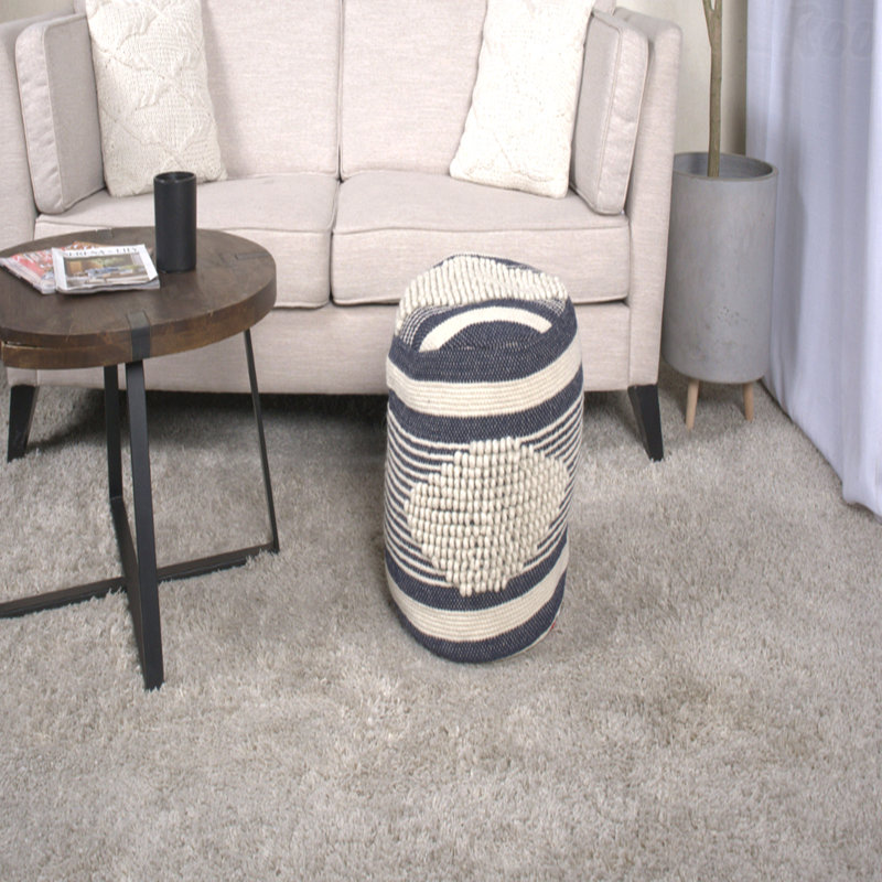 Fabric Upholstered Cylindrical Pouf Ottoman, Blue