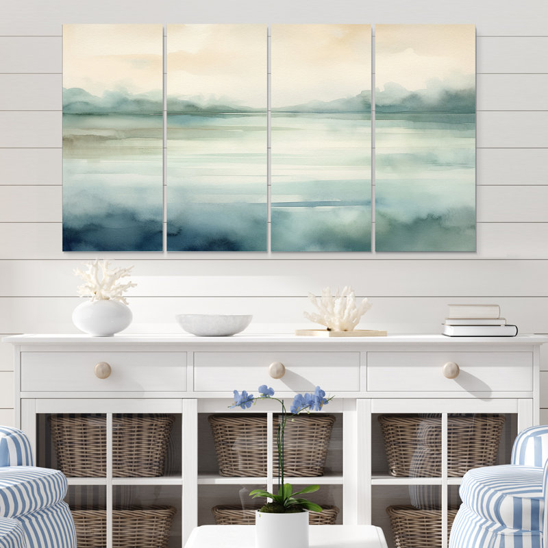 Coucher de soleil sur le lac, aquarelle minimaliste II sur toile 4 pièces