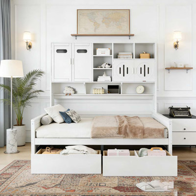 Lit de jour simple en bois avec 3 tiroirs, ports USB et bureau
