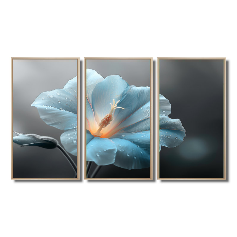 «Blue Crystal Morning Glory Flowers Photo I - Morning Glory», ensemble d'art mural, Toile naturelle avec cadre flottant