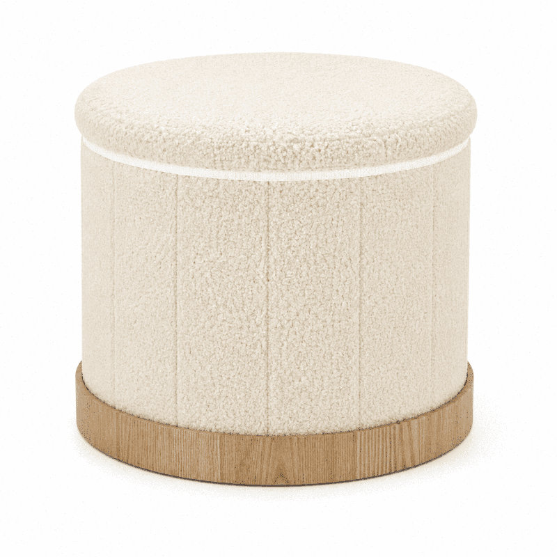 Round Sherpa Storage Ottoman with Reversible Wooden Tray, Beige Upholstered Accent Stool, 17-Inch, Beige