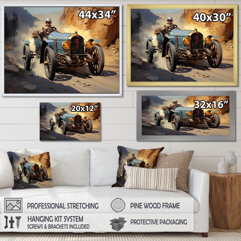 «Yellow and Blue Dusty Race Track Adventures», art mural, Cadre d'angle fermé noir, H 16 po x l 32 po x P 1 po