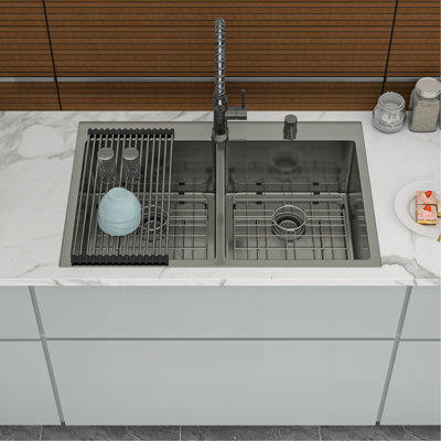 Double Bowl Drop In Sink- 33"X22" Gunmetal Black  Double Bowl Kitchen Sink 16 Gauge With Two 10" Deep Basin