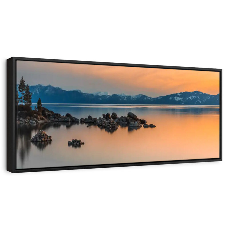 Rocky Lake Tahoe Sunset, 37" X 13", Floating Frame Black