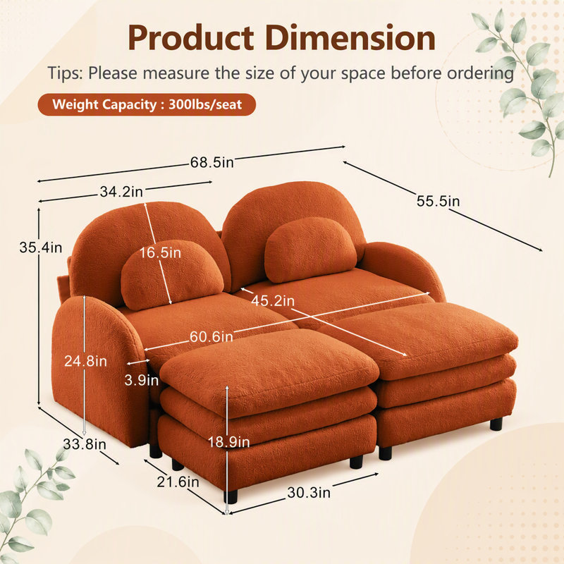 Canapé modulaire 2 places en tissu Teddy avec dossier incurvé, poufs amovibles, coussins à double couche et soutien lombaire ergonomique.