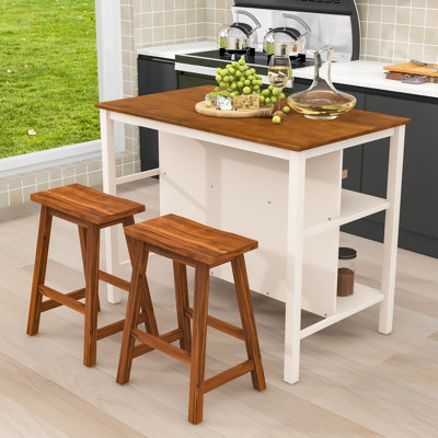 3-Piece Stationary Kitchen Island Set with 2 Stools, Rubber Wood Top Dining Table Set with 2 Shelves by Red Barrel Studio