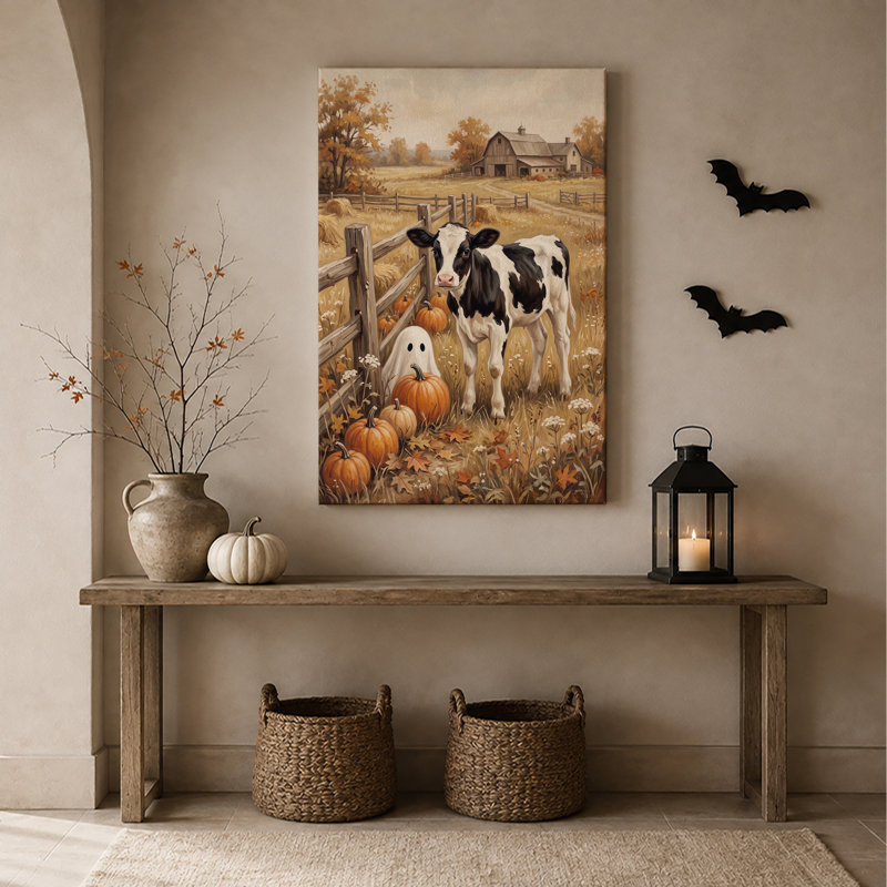 Vache noire et blanche dans un champ d'automne avec citrouilles, art mural d'Halloween, H 24 po x l 18 po